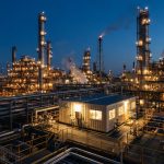 Refinery at dusk with an analyzer house glowing beside a process unit