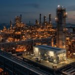 Petrochemical complex with reactors and storage spheres at dusk