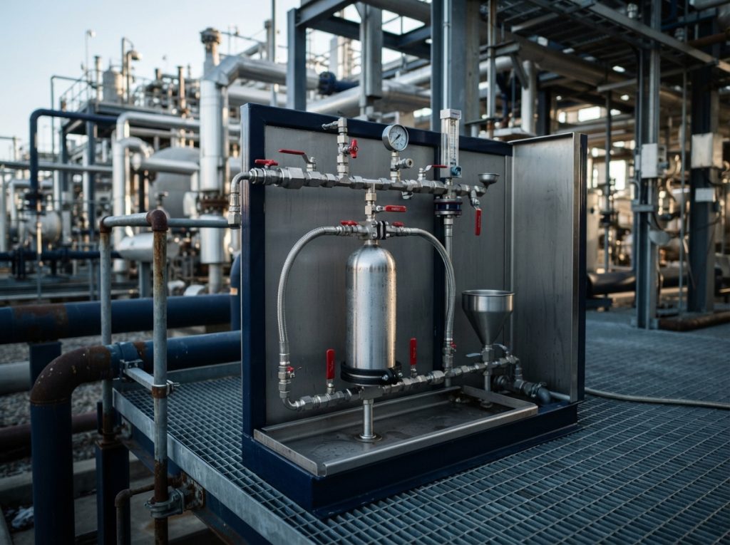 Closed-loop sampling station with a sample cylinder at a gas facility