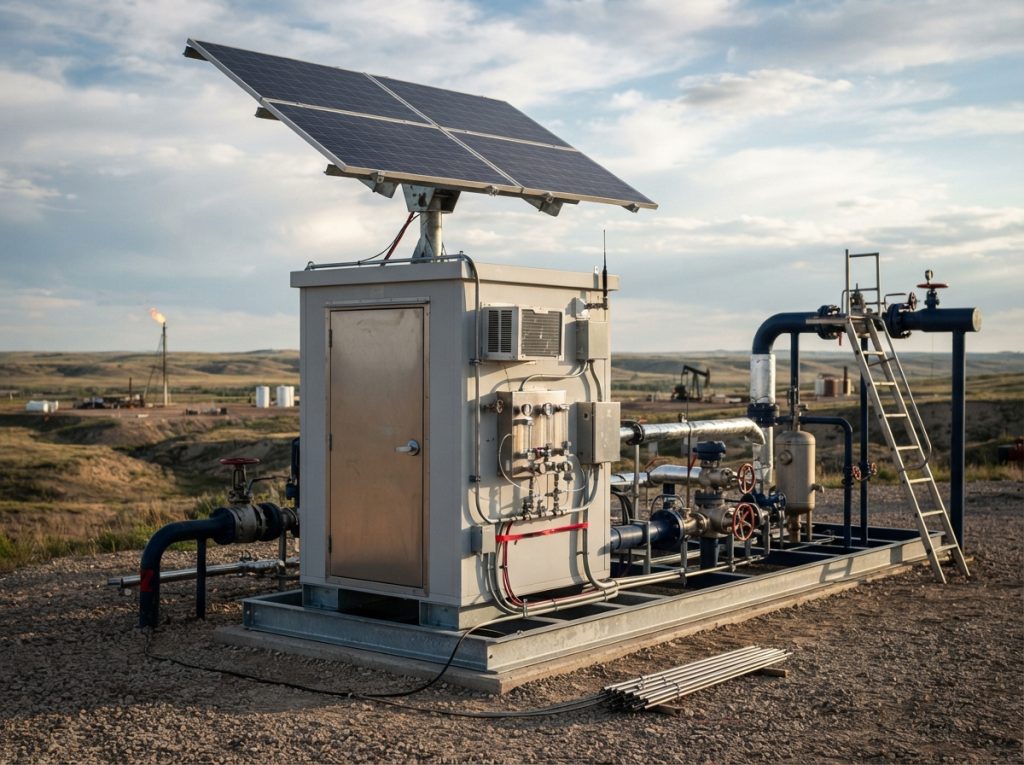 Analyzer enclosure with solar panel at a remote oil and gas site