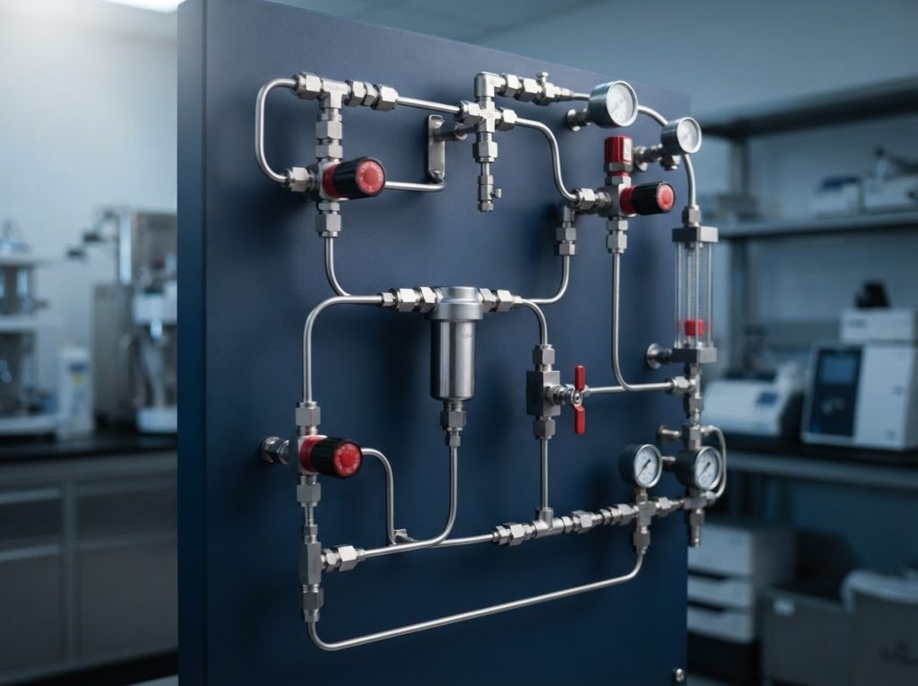 High-purity analytical assembly with fittings and filters