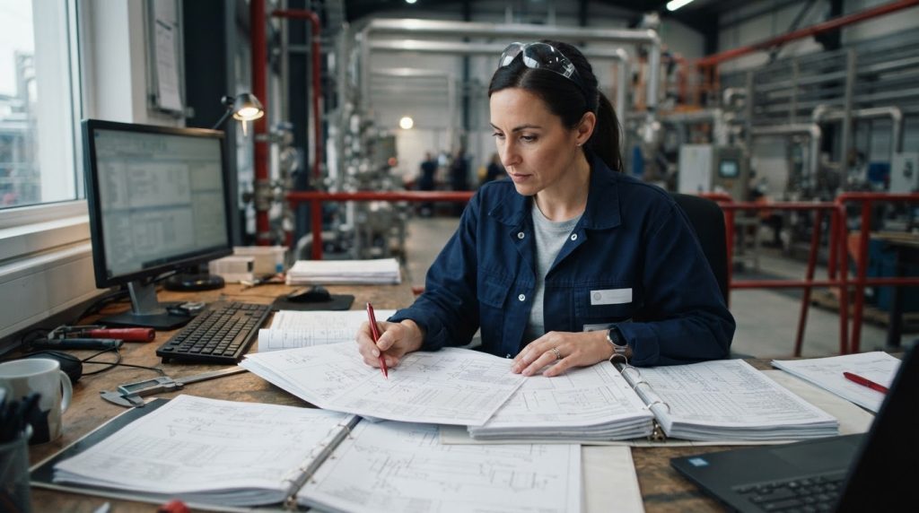 Quality engineer reviewing turnover documentation and weld records