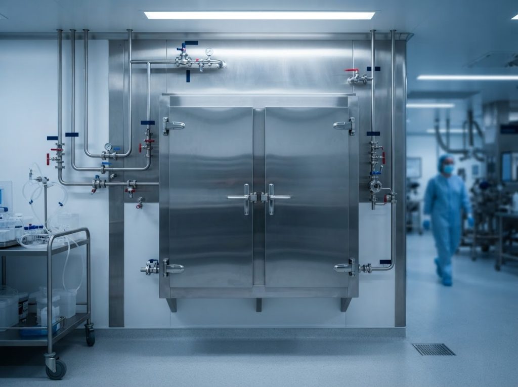 Polished stainless steel cabinet in a pharmaceutical facility