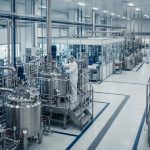 Pharmaceutical manufacturing hall with polished stainless equipment