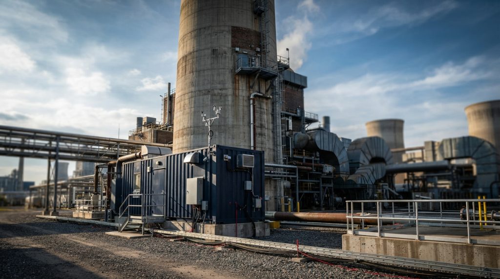 Emissions monitoring shelter beside a power plant stack