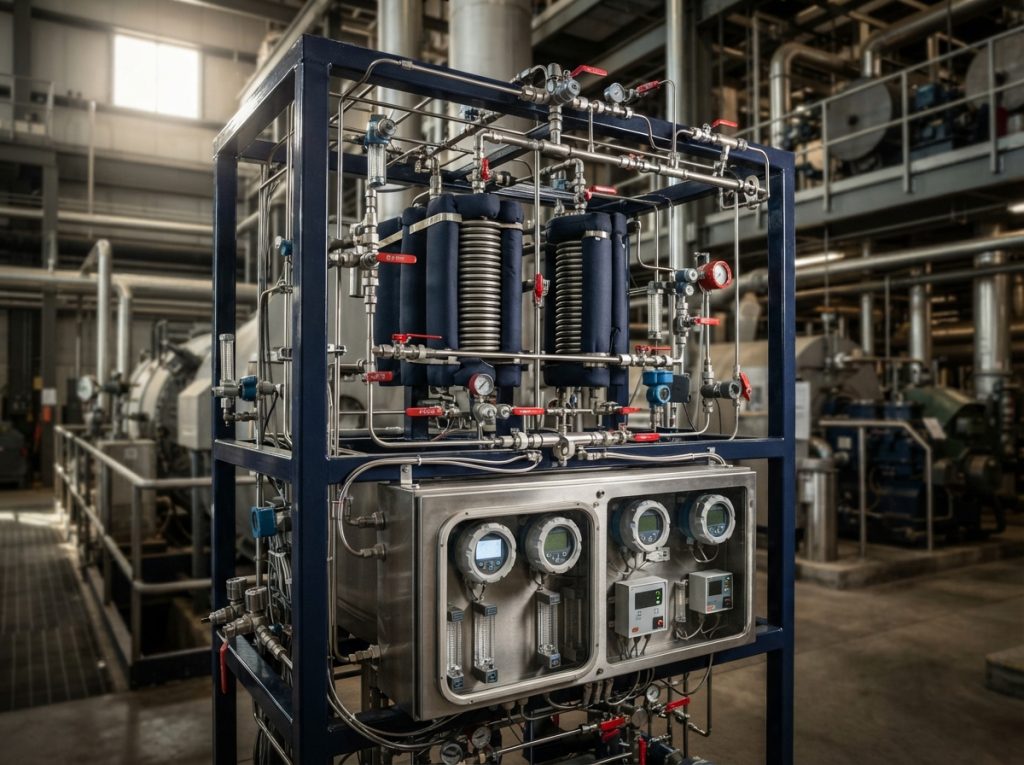 Sample conditioning rack with coolers and analyzers in a power plant