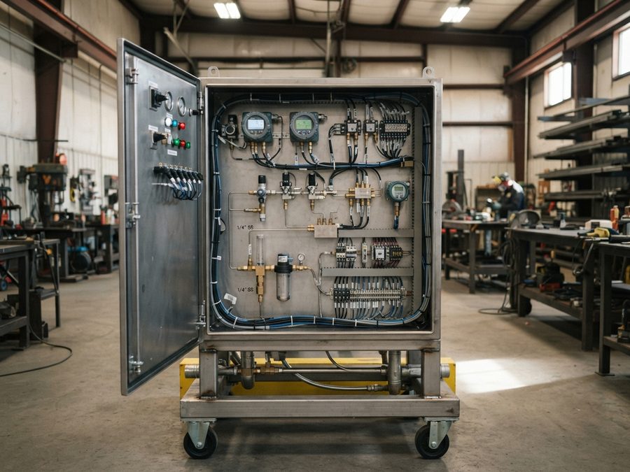 Open analyzer cabinet with integrated analyzers and controls