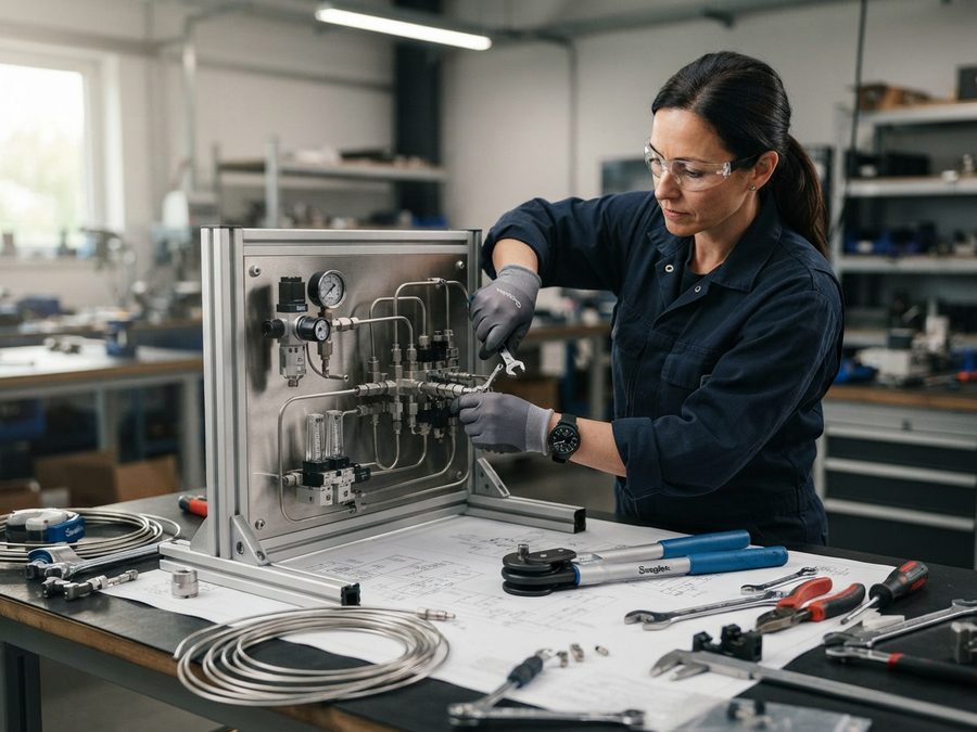 Technician fabricating an analyzer panel from drawings