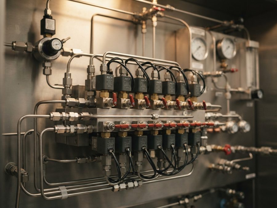 Solenoid valve manifold for stream switching and calibration