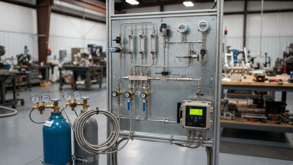 Calibration panel with flow meters, regulators and a controller