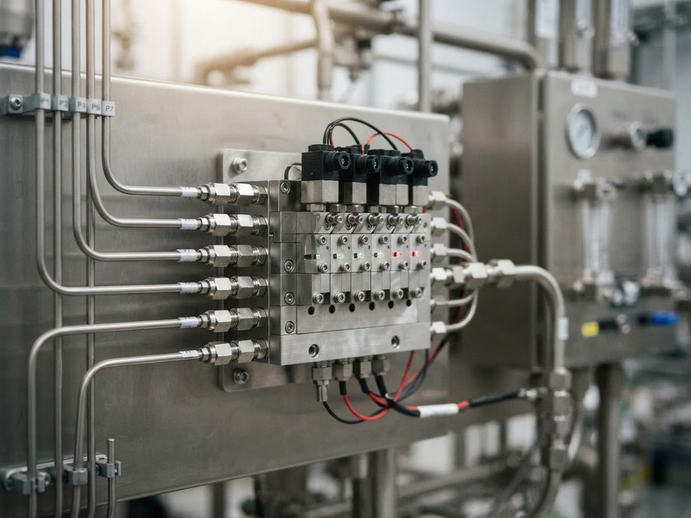 Valve manifold selecting process streams for a shared analyzer