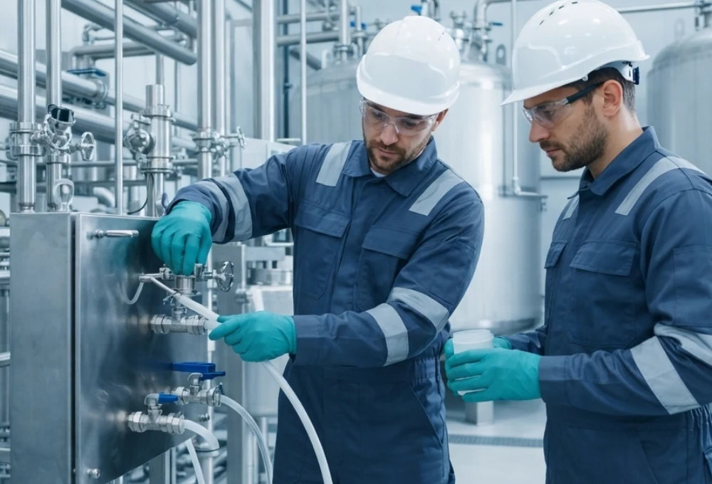 Technicians integrating a grab sampler with process analyzers